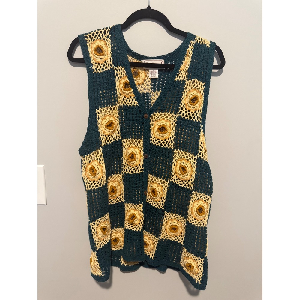 Bechamel Vintage Crochet Sweater Vest Floral Sunflower Granny Square Green Large